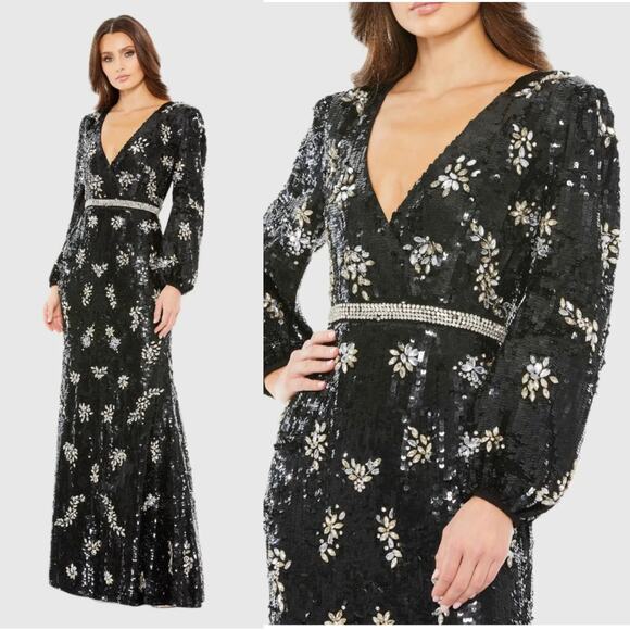 Mac Duggal 93616 Black 4 Embellished Long Sleeve Gown Evening Dress Formal - Picture 1 of 13